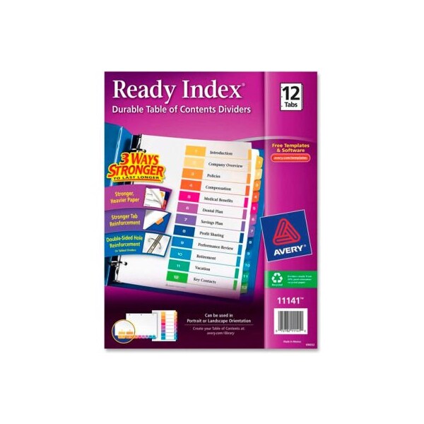 Avery Dennison Avery Ready Index T.O.C. Reference Divider, 1 to 12, 8.5"x11", 12 Tabs, White/Multi 11141 - main